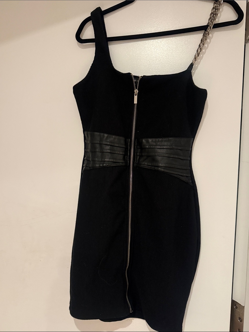 Maniere De Voir Black Ribbed Mini Dress with Faux Leather Waistband
